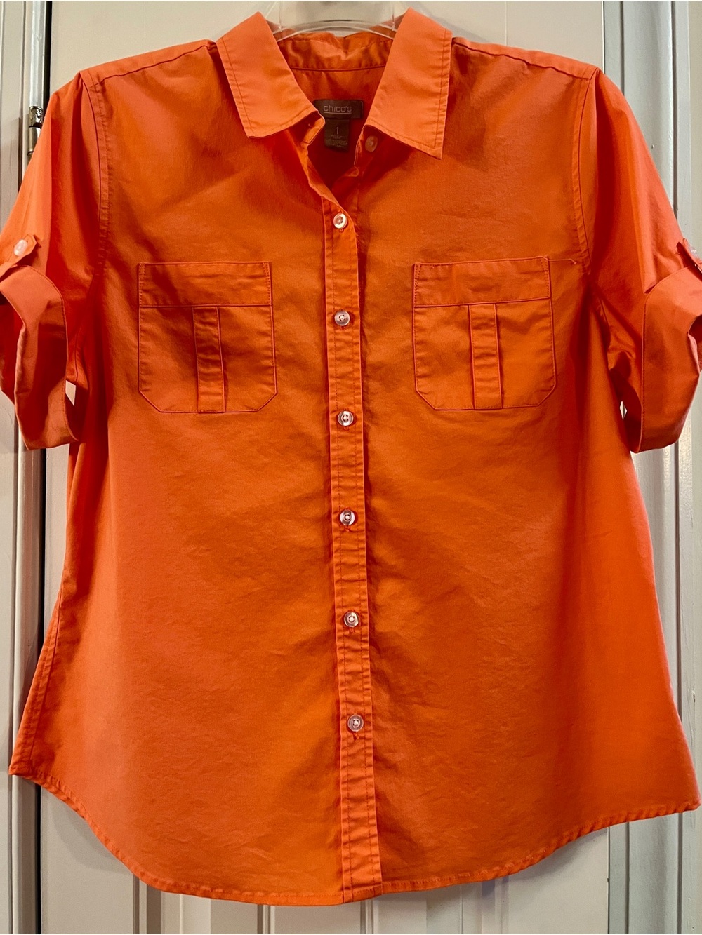 Chico's Vibrant Orange Button-Front no iron camp shirt New without tags size 1 M
